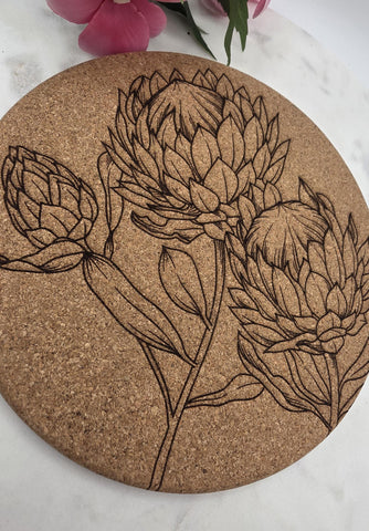 Cork South African Protea Laser Engraved Cork Trivet: Kitchen Decor Pot Holder Gift, Personalized Housewarming Wedding Hot Pad