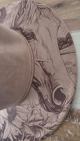 Horse and Sunflowers Burned Hat, Floral Burned cowgirl Cowboy Hat: Engraved Suede/Felt Boho Fedora, Felt Wide brim hat Western Hat Festivals