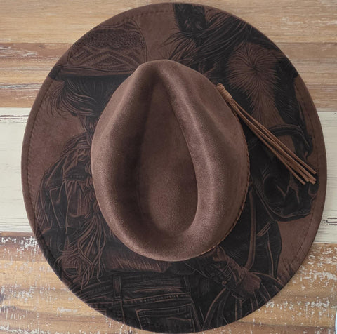 Cowgirl American Horse Burned Hat, cowgirl Burned cowgirl Cowboy Hat: Engraved Suede/Felt Boho Fedora, Felt Wide brim hat Western Hat
