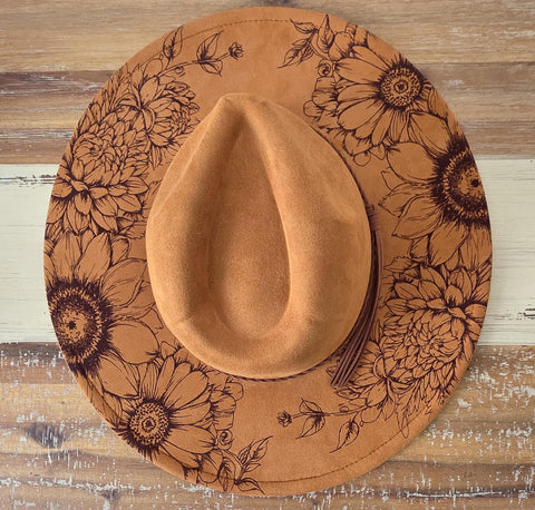 Dahlias Burned Hat, cowgirl Burned flowers Cowboy Hat: Engraved Suede/Felt Boho Fedora, Felt Wide brim hat Western Hat Festivals