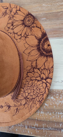 Dahlias Burned Hat, cowgirl Burned flowers Cowboy Hat: Engraved Suede/Felt Boho Fedora, Felt Wide brim hat Western Hat Festivals