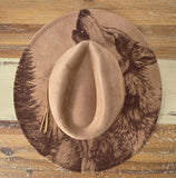 Howling Wolf Burned Hat, cowgirl Burned Mountain Cowboy Hat: Engraved Suede/Felt Boho Fedora, Felt Wide brim hat Western Hat Festivals