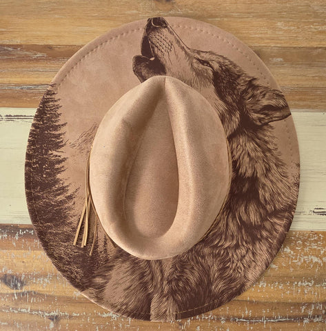 Howling Wolf Burned Hat, cowgirl Burned Mountain Cowboy Hat: Engraved Suede/Felt Boho Fedora, Felt Wide brim hat Western Hat Festivals