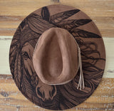 Horse Burned Hat, Native American Burned Cowboy Hat: Feathers Engraved Suede/Felt Boho Fedora, Felt Wide brim hat Western Hat Festivals