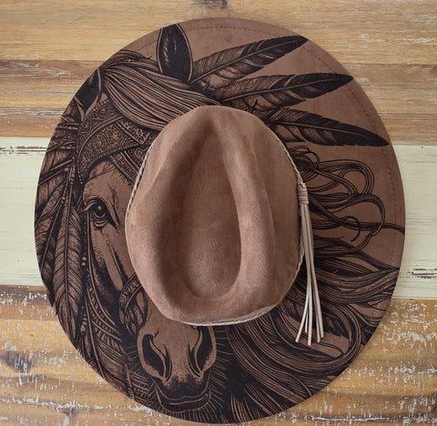 Horse Burned Hat, Native American Burned Cowboy Hat: Feathers Engraved Suede/Felt Boho Fedora, Felt Wide brim hat Western Hat Festivals