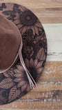 Sunflowers and butterflies Burned Hat, Floral Cowboy Hat. Burned Cowboy Hat: Engraved Suede/Felt Boho Fedora, Felt Wide brim hat Western Hat