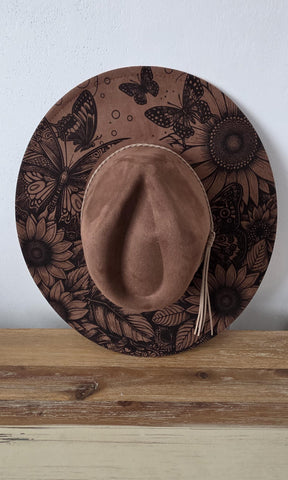 Sunflowers and butterflies Burned Hat, Floral Cowboy Hat. Burned Cowboy Hat: Engraved Suede/Felt Boho Fedora, Felt Wide brim hat Western Hat