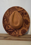 Highland Cow and sunflowers Burned Hat, Halloween, cow and flowers Burned cowgirl Cowboy Hat: Engraved Suede/Felt Boho Fedora, Wide brim hat