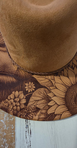 Highland Cow and sunflowers Burned Hat, Halloween, cow and flowers Burned cowgirl Cowboy Hat: Engraved Suede/Felt Boho Fedora, Wide brim hat