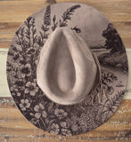 Wild meadow Burned Hat, Floral Cowboy Hat. Burned Cowboy Hat: Engraved Suede/Felt Boho Fedora, Felt Wide brim hat Western Hat Festivals