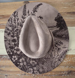 Wild meadow Burned Hat, Floral Cowboy Hat. Burned Cowboy Hat: Engraved Suede/Felt Boho Fedora, Felt Wide brim hat Western Hat Festivals