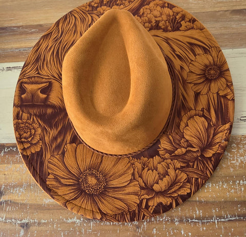 Highland Cow and flowers Burned Hat, Halloween, cow and flowers Burned cowgirl Cowboy Hat: Engraved Suede/Felt Boho Fedora, Wide brim hat