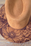 Highland Cow and flowers Burned Hat, Halloween, cow and flowers Burned cowgirl Cowboy Hat: Engraved Suede/Felt Boho Fedora, Wide brim hat