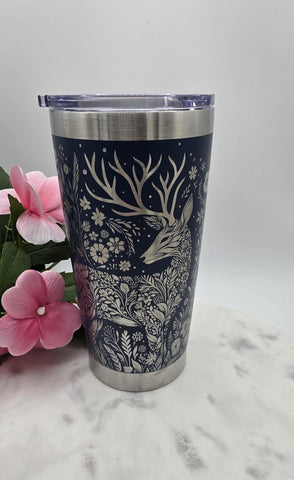 Woodland Deer and flowers Laser Engraved 20oz Double Wall Insulated Tumbler Travel mug,Seamless Tumbler ,Gift for Mum, Aunty, Daughte