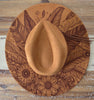 Boho feathers Burned Hat, cowgirl Burned Cowboy Hat: Engraved Suede/Felt Boho Fedora, Felt Wide brim hat Western Hat Festivals