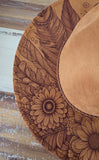 Boho feathers Burned Hat, cowgirl Burned Cowboy Hat: Engraved Suede/Felt Boho Fedora, Felt Wide brim hat Western Hat Festivals