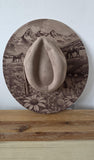 Horses, meadow and mountains Burned Hat, Floral Cowboy Hat. Burned Cowboy Hat: Engraved Suede/Felt Boho Fedora, Felt Wide brim hat Festivals