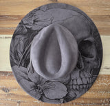 Skull and flowers Burned Hat, Floral Cowboy Hat. Burned Cowboy Hat: Engraved Suede/Felt Boho Fedora, Wide brim hat Western Hat Festivals