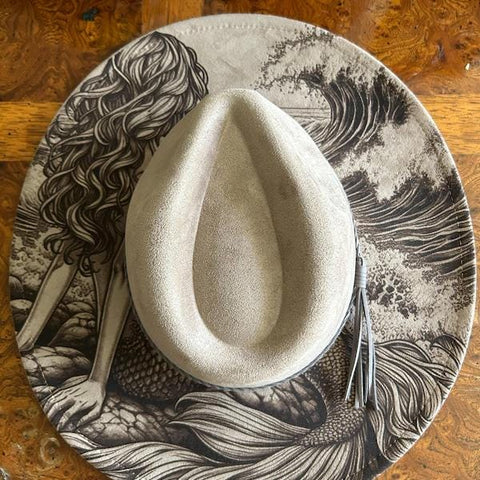Mermaid Burned Hat, Ocean Burned cowgirl Cowboy Hat: Engraved Suede/Felt Boho Fedora, Felt Wide brim hat Western Hat Festivals