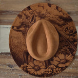 Fox in a meadow Burned Hat, Floral Burned cowgirl Cowboy Hat: Engraved Suede/Felt Boho Fedora, Felt Wide brim hat Western Hat Festivals