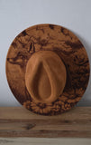 Fox in a meadow Burned Hat, Floral Burned cowgirl Cowboy Hat: Engraved Suede/Felt Boho Fedora, Felt Wide brim hat Western Hat Festivals