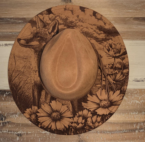 Fox in a meadow Burned Hat, Floral Burned cowgirl Cowboy Hat: Engraved Suede/Felt Boho Fedora, Felt Wide brim hat Western Hat Festivals
