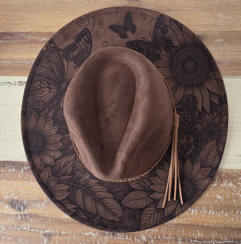 Sunflowers and butterflies Burned Hat, Floral Cowboy Hat. Burned Cowboy Hat: Engraved Suede/Felt Boho Fedora, Felt Wide brim hat Western Hat