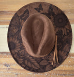 Sunflowers and butterflies Burned Hat, Floral Cowboy Hat. Burned Cowboy Hat: Engraved Suede/Felt Boho Fedora, Felt Wide brim hat Western Hat