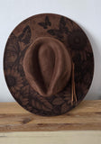 Sunflowers and butterflies Burned Hat, Floral Cowboy Hat. Burned Cowboy Hat: Engraved Suede/Felt Boho Fedora, Felt Wide brim hat Western Hat