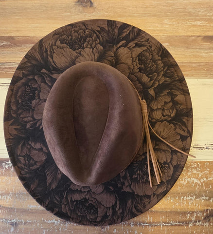 Peony Bloom Burned Hat, Peonies Floral Burned Wildflower Cowboy Hat: Engraved Suede/Felt Boho Fedora, Felt Wide brim hat Western Hat