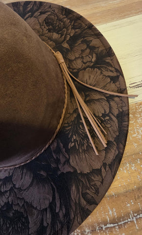 Peony Bloom Burned Hat, Peonies Floral Burned Wildflower Cowboy Hat: Engraved Suede/Felt Boho Fedora, Felt Wide brim hat Western Hat