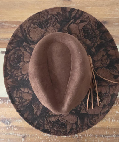 Peony Bloom Burned Hat, Peonies Floral Burned Wildflower Cowboy Hat: Engraved Suede/Felt Boho Fedora, Felt Wide brim hat Western Hat