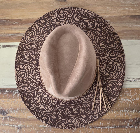 Tooled  Burned Hat, Floral Burned Cowboy Hat: Engraved Suede/Felt Boho Fedora, Felt Wide brim hat Western Hat Festivals