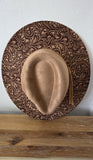 Tooled  Burned Hat, Floral Burned Cowboy Hat: Engraved Suede/Felt Boho Fedora, Felt Wide brim hat Western Hat Festivals
