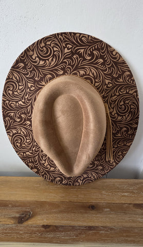 Tooled  Burned Hat, Floral Burned Cowboy Hat: Engraved Suede/Felt Boho Fedora, Felt Wide brim hat Western Hat Festivals