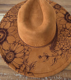 Dahlias Burned Hat, cowgirl Burned flowers Cowboy Hat: Engraved Suede/Felt Boho Fedora, Felt Wide brim hat Western Hat Festivals