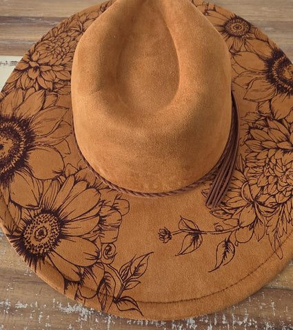 Dahlias Burned Hat, cowgirl Burned flowers Cowboy Hat: Engraved Suede/Felt Boho Fedora, Felt Wide brim hat Western Hat Festivals