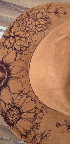 Dahlias Burned Hat, cowgirl Burned flowers Cowboy Hat: Engraved Suede/Felt Boho Fedora, Felt Wide brim hat Western Hat Festivals