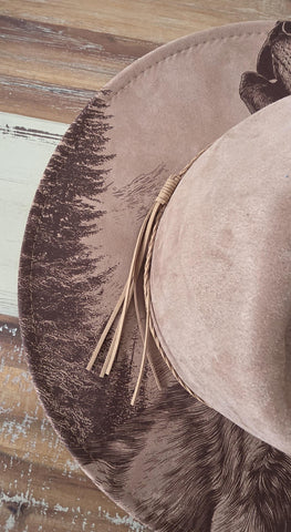 Howling Wolf Burned Hat, cowgirl Burned Mountain Cowboy Hat: Engraved Suede/Felt Boho Fedora, Felt Wide brim hat Western Hat Festivals