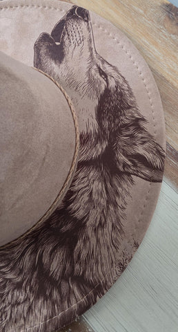 Howling Wolf Burned Hat, cowgirl Burned Mountain Cowboy Hat: Engraved Suede/Felt Boho Fedora, Felt Wide brim hat Western Hat Festivals