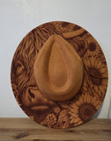 Highland Cow and sunflowers Burned Hat, Halloween, cow and flowers Burned cowgirl Cowboy Hat: Engraved Suede/Felt Boho Fedora, Wide brim hat
