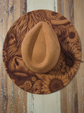 Highland Cow and sunflowers Burned Hat, Halloween, cow and flowers Burned cowgirl Cowboy Hat: Engraved Suede/Felt Boho Fedora, Wide brim hat