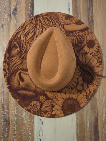Highland Cow and sunflowers Burned Hat, Halloween, cow and flowers Burned cowgirl Cowboy Hat: Engraved Suede/Felt Boho Fedora, Wide brim hat