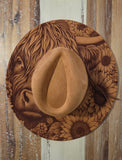 Highland Cow and sunflowers Burned Hat, Halloween, cow and flowers Burned cowgirl Cowboy Hat: Engraved Suede/Felt Boho Fedora, Wide brim hat