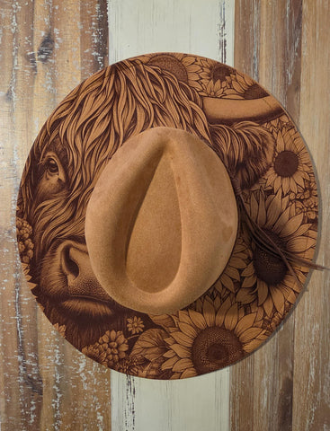 Highland Cow and sunflowers Burned Hat, Halloween, cow and flowers Burned cowgirl Cowboy Hat: Engraved Suede/Felt Boho Fedora, Wide brim hat