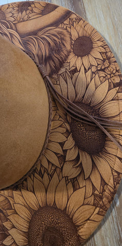 Highland Cow and sunflowers Burned Hat, Halloween, cow and flowers Burned cowgirl Cowboy Hat: Engraved Suede/Felt Boho Fedora, Wide brim hat