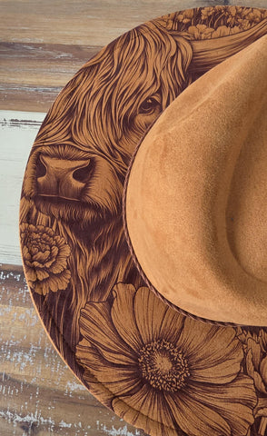 Highland Cow and flowers Burned Hat, Halloween, cow and flowers Burned cowgirl Cowboy Hat: Engraved Suede/Felt Boho Fedora, Wide brim hat