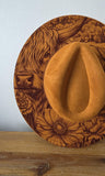 Highland Cow and flowers Burned Hat, Halloween, cow and flowers Burned cowgirl Cowboy Hat: Engraved Suede/Felt Boho Fedora, Wide brim hat