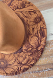 Highland Cow and flowers Burned Hat, Halloween, cow and flowers Burned cowgirl Cowboy Hat: Engraved Suede/Felt Boho Fedora, Wide brim hat