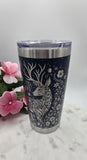 Woodland Deer and flowers Laser Engraved 20oz Double Wall Insulated Tumbler Travel mug,Seamless Tumbler ,Gift for Mum, Aunty, Daughte